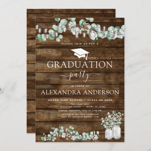 Eukalyptus Rustic Wood Graduation Party 2023 Einladung (Vorne/Hinten)
