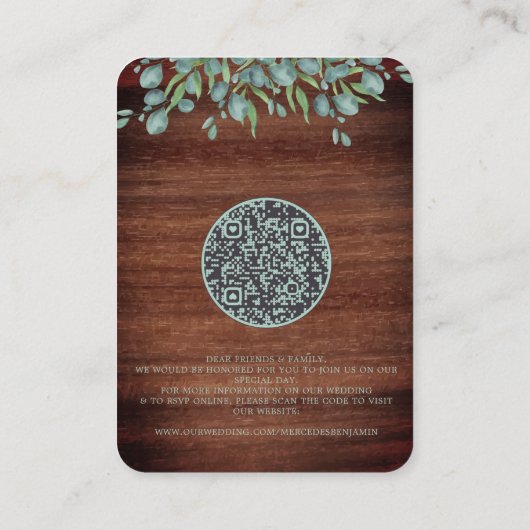 Eukalyptus Rustic Wood QR Code Hochzeit Einladung (Rückseite)