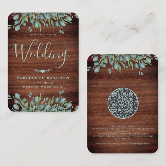 Eukalyptus Rustic Wood QR Code Hochzeit Einladung (Vorne/Hinten)