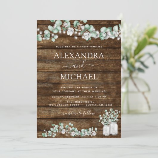 Eukalyptus Rustic Wood Wedding Lights Jar Einladung (Stehend Vorderseite)