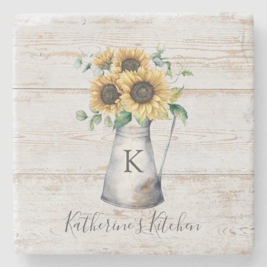 Eukalyptus rustikal-elegante Monogram-Sonnenblume Steinuntersetzer (Vorderseite)