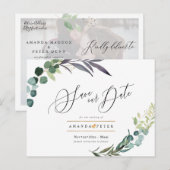 Eukalyptus rustikal, Grüne Save the Date Postkarte (Vorne/Hinten)
