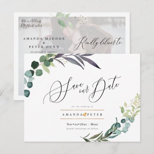 Eukalyptus rustikal, Grüne Save the Date Postkarte (Vorne/Hinten)