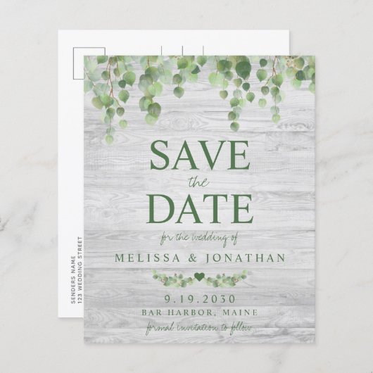 Eukalyptus Rustikaler Save the Date Postkarte (Vorne/Hinten)