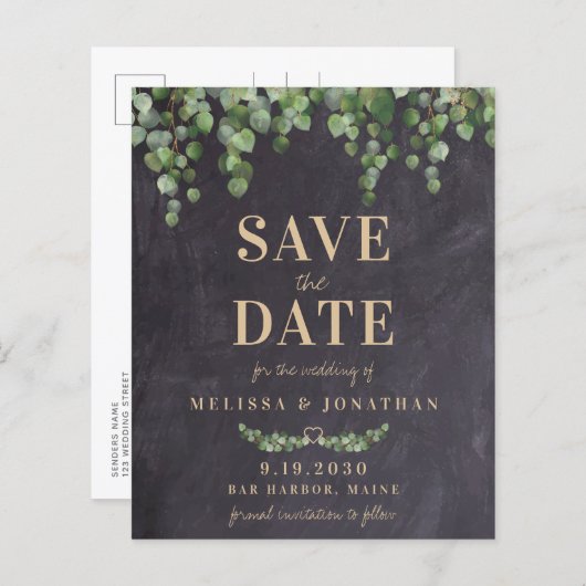 Eukalyptus Rustikaler Save the Date Postkarte (Vorne/Hinten)