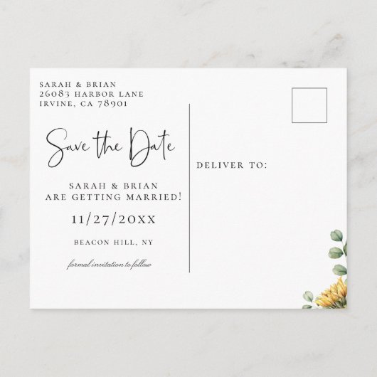 Eukalyptus rustikaler Sonnenblume Save the Date Ankündigungspostkarte (Rückseite)