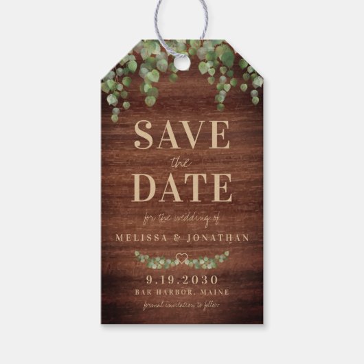 Eukalyptus rustikales Holz Save the Date Geschenkanhänger (Vorderseite)