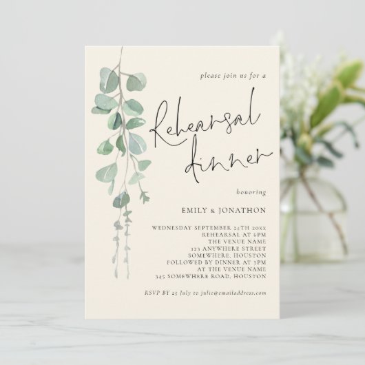 Eukalyptus Sage Creme Probe Abendessen Einladung (Stehend Vorderseite)