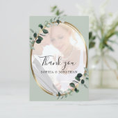Eukalyptus Sage Foto Gold Metallic Wedding Dankeskarte (Stehend Vorderseite)