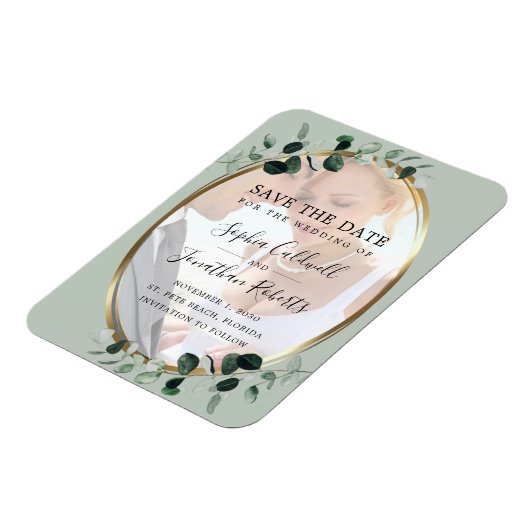 Eukalyptus Sage Foto Wedding Save the Date Magnet (Linke Seite)