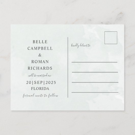 Eukalyptus Sage Green Save the Date Postkarte (Rückseite)