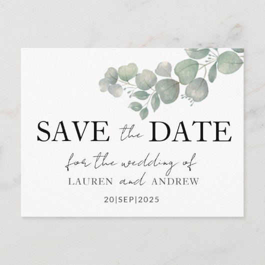 Eukalyptus Sage Green Save the Date Postkarte (Vorderseite)