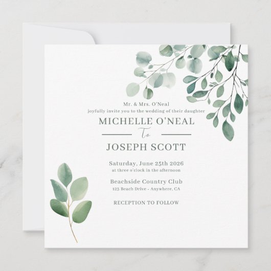 Eukalyptus Sage Green Watercolor Wedding Einladung (Vorderseite)