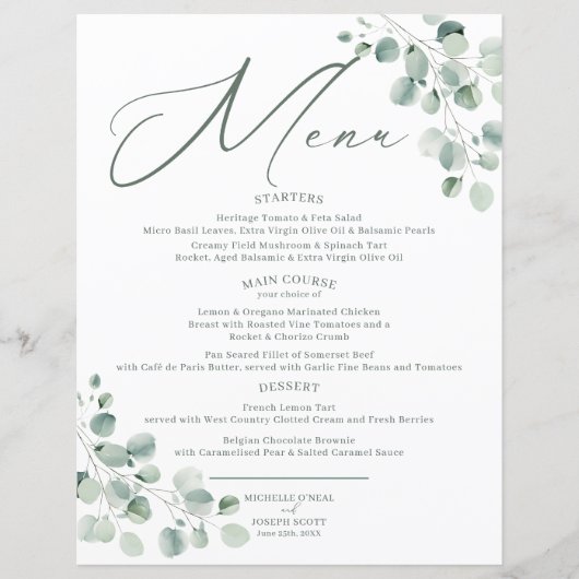 Eukalyptus Sage Green Watercolor Wedding Menu (Vorderseite)