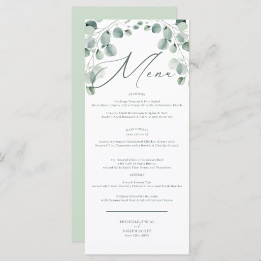 Eukalyptus Sage Green Watercolor Wedding Menu Menükarte (Vorne/Hinten)