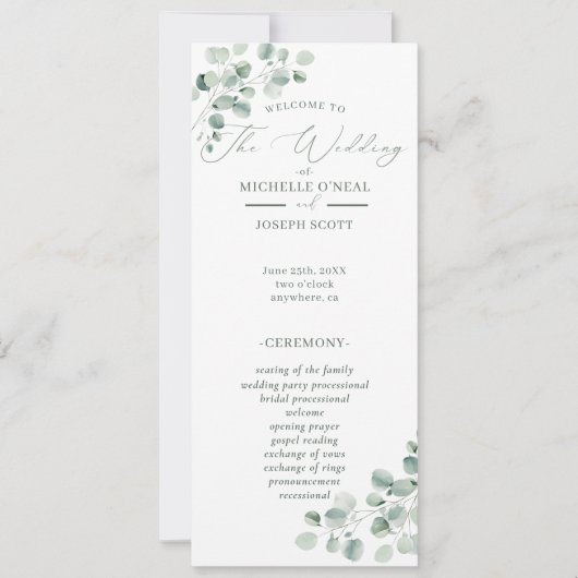 Eukalyptus Sage Green Watercolor Wedding Program (Vorderseite)
