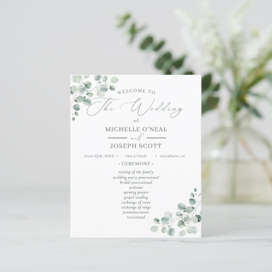 Eukalyptus Sage Green Watercolor Wedding Program (Stehend Vorderseite)