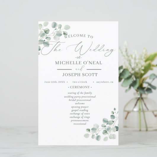 Eukalyptus Sage Green Watercolor Wedding Program (Stehend Vorderseite)
