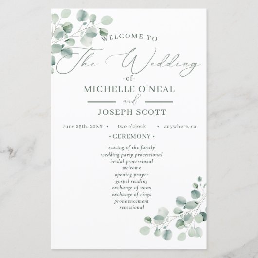 Eukalyptus Sage Green Watercolor Wedding Program (Vorderseite)