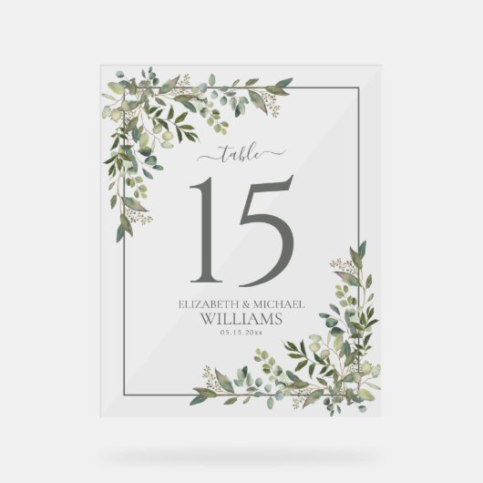 Eukalyptus Sage Green Wedding Tischnummer Acrylschild (Vorderseite)