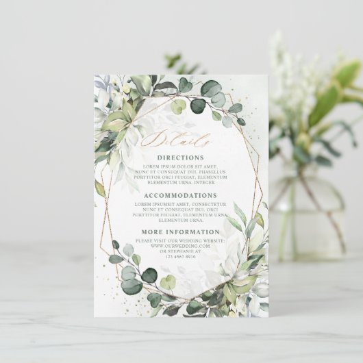 Eukalyptus Sage Greenery Geometric Wedding Details Begleitkarte (Stehend Vorderseite)