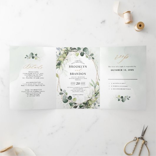 Eukalyptus Sage Greenery Moderne geometrische Hoch Dreifach Gefaltete Ankündigung (Innenseite)