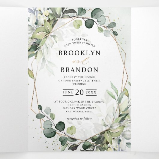 Eukalyptus Sage Greenery Moderne geometrische Hoch Dreifach Gefaltete Ankündigung (Innenseite Mitte)