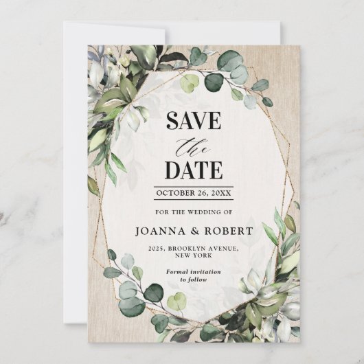 Eukalyptus Sage Greenery Moderne geometrische Hoch Save The Date (Vorderseite)