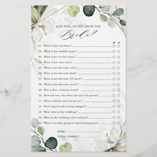 Eukalyptus Sage Greenery Modernes Brautparty Game (Vorderseite)