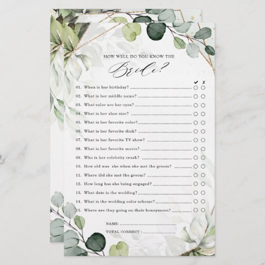 Eukalyptus Sage Greenery Modernes Brautparty Game (Vorne/Hinten)