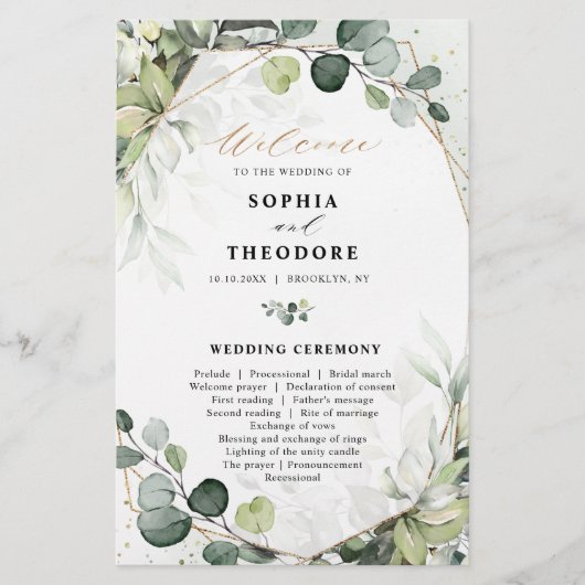 Eukalyptus Sage Greenery Modernes Hochzeitsprogram (Vorderseite)