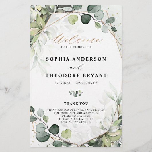 Eukalyptus Sage Greenery Modernes Hochzeitsprogram (Vorderseite)