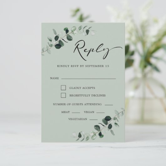 Eukalyptus Sage Moderne kalligraphische Mahlzeiten RSVP Karte (Stehend Vorderseite)