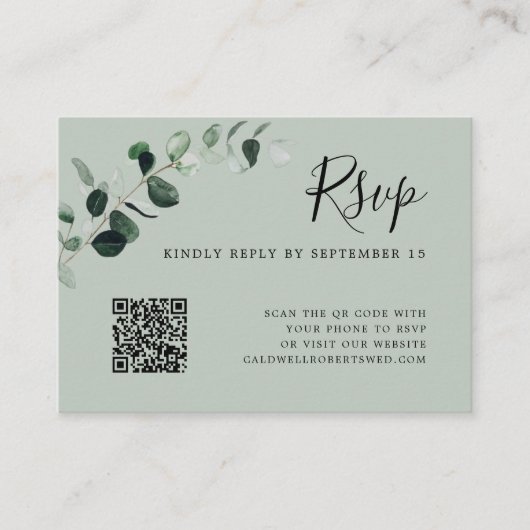Eukalyptus Sage QR Code Wedding RSVP Begleitkarte (Vorderseite)