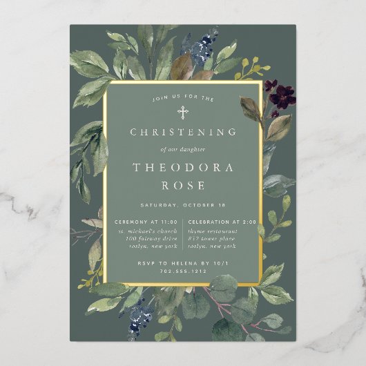 Eukalyptus & Sage Taufe oder Weihnachten Folieneinladung (Vorderseite)