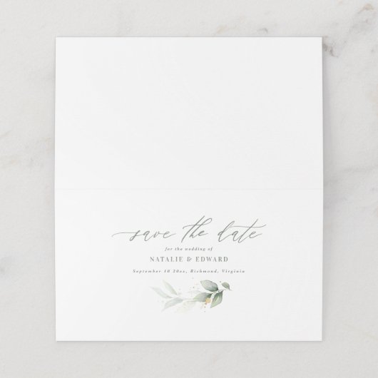 Eukalyptus Sali Goldhochzeit speichern das Datum Platzkarte (Außenseite Aufgefaltet)