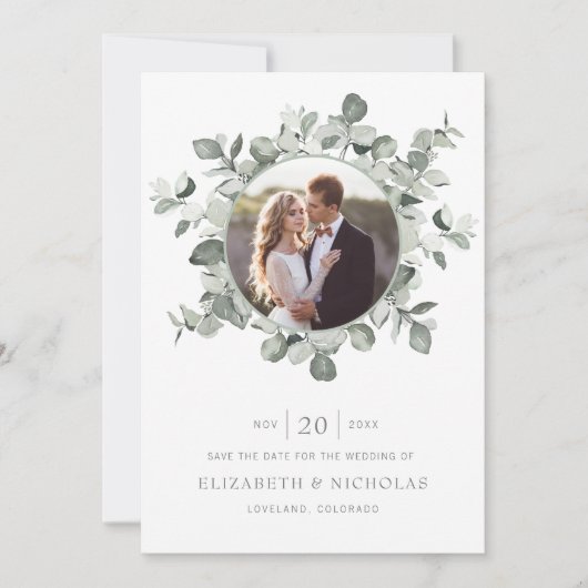 Eukalyptus Save the Date Foto Wedding (Vorderseite)