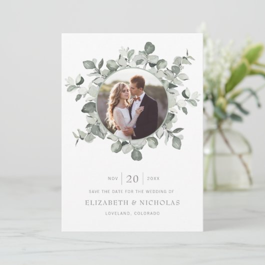 Eukalyptus Save the Date Foto Wedding (Stehend Vorderseite)