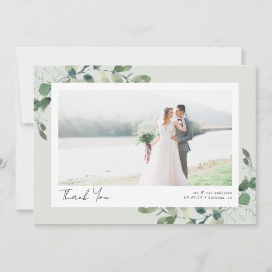 Eukalyptus Script 2 Foto Wedding Dankeskarte (Vorderseite)