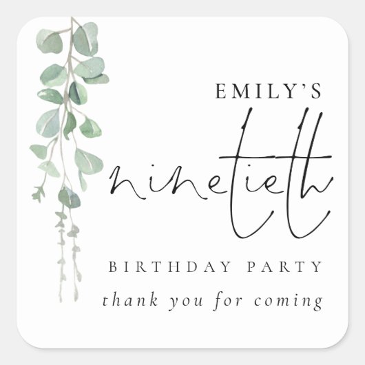 Eukalyptus Script 90. Geburtstag Vielen Dank Quadratischer Aufkleber (Vorderseite)