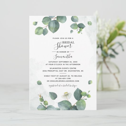 Eukalyptus-Script-Brautparty Einladung (Stehend Vorderseite)