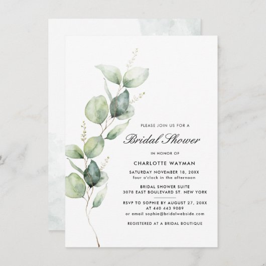 Eukalyptus-Script-Brautparty für moderne Aquarellf Einladung (Vorne/Hinten)