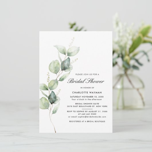 Eukalyptus-Script-Brautparty für moderne Aquarellf Einladung (Stehend Vorderseite)