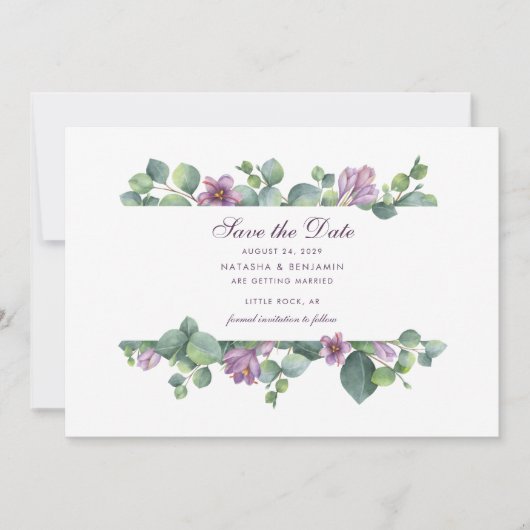 Eukalyptus Script florale botanische Vegetation Save The Date (Vorderseite)