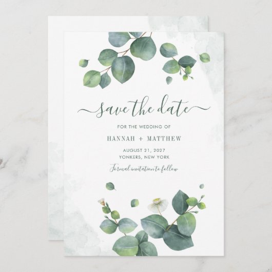 Eukalyptus Script Greenery Botanical Save The Date (Vorne/Hinten)