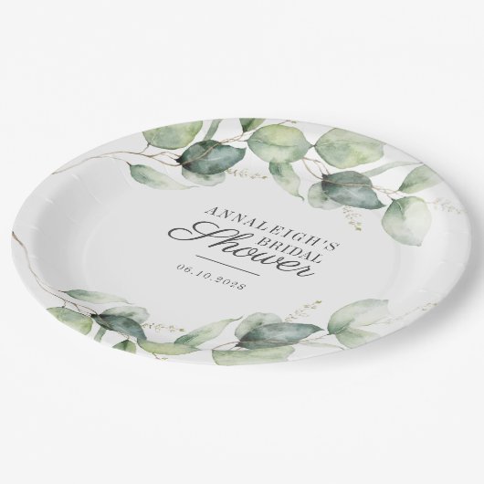 Eukalyptus Script Greenery Botanisches Brautparty Pappteller (Schrägansicht)