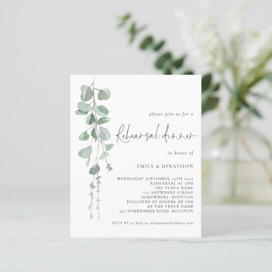 Eukalyptus Script Probe Dinner Einladung (Stehend Vorderseite)