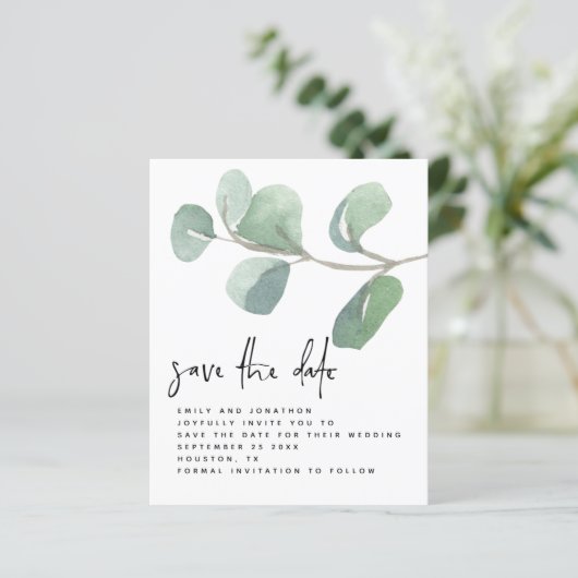 Eukalyptus-Script-QR-Code Save the Date (Stehend Vorderseite)