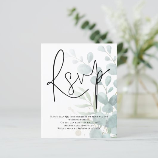 Eukalyptus Script QR Code Wedding RSVP (Stehend Vorderseite)