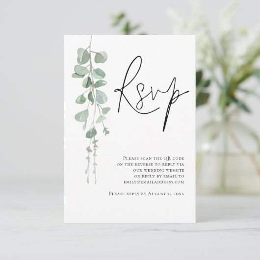 Eukalyptus Script QR Code Wedding RSVP (Stehend Vorderseite)